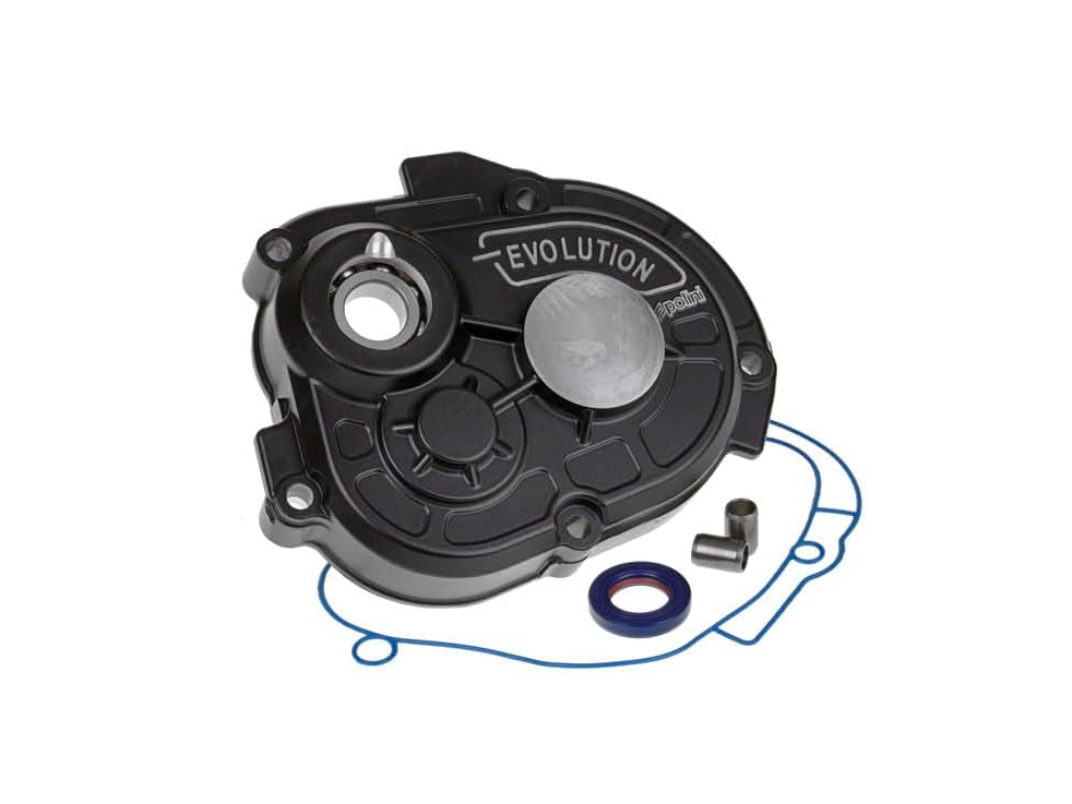 Polini reinforced transmission cover, ideal for tuning above 70cc. The standard cover allows the gearshaft to sit in a recess and is only lubricated by the gearbox oil. This item has a ball bearing and needle bearing set up and massively reduces the amount of friction. The following bearings are fitted to the transmission cover: Suitable for Piaggio engines with original transmission or with taller gearing and 16mm gear shafts.