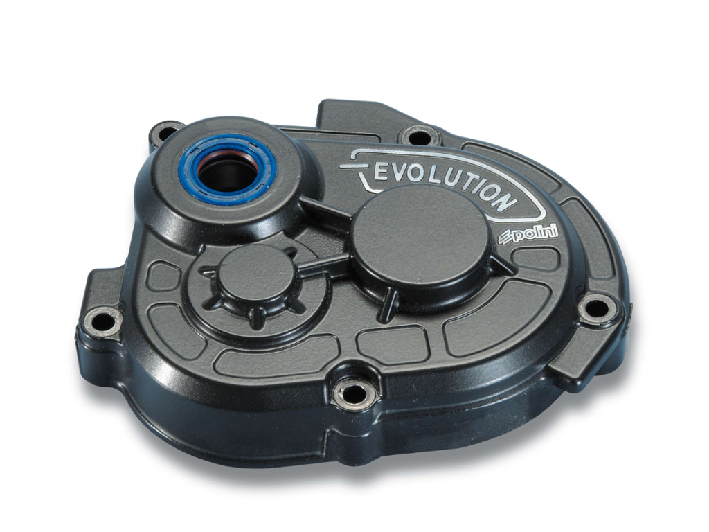 Polini reinforced transmission cover, ideal for tuning above 70cc. The standard cover allows the gearshaft to sit in a recess and is only lubricated by the gearbox oil. This item has a ball bearing and needle bearing set up and massively reduces the amount of friction. The following bearings are fitted to the transmission cover: 6201 C3 (12x32x10) 6203 C4 (17x40x12) NK24/16 (24x32x16) Suitable for Piaggio engines with 12mm gear shafts.