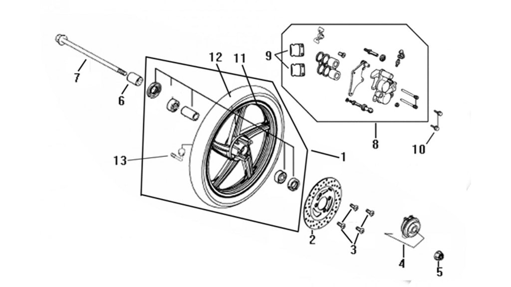 [1] ENSEMBLE DE ROUE ET PNEU AVANT (SCOOTTERRE OEM)