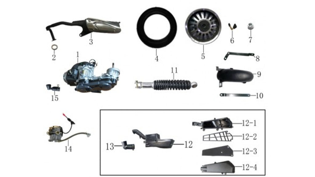 [1] 50CC MOTEUR COMPLET PORTOFINO ROUE 12'' RV1-1-2 (SCOOTTERRE OEM)