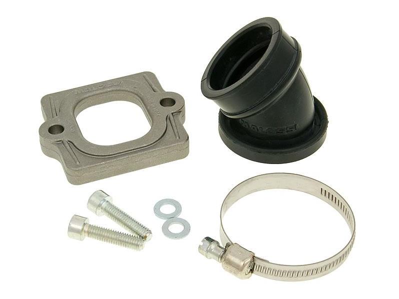  Malossi has a two-part intake manifold on offer to match the bulky Dellorto VHST carburators. This manifold consists of a base plate and a flexible, angled rubber sleeve, which will be clamped between base plate and engine intake. The inlet manifold has an internal diameter of 30mm and a connection diameter of 35mm.