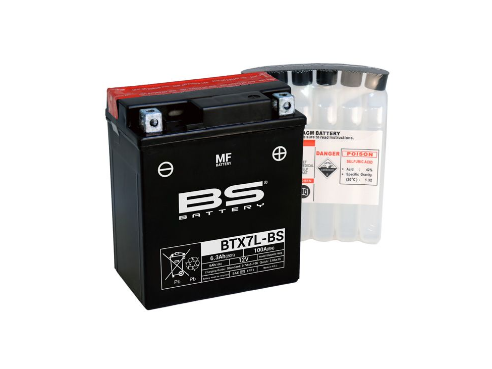 BTX7L-BS battery is a part of our MF range. Delivered with acid pack, this 12V 6.3Ah battery must be activated by filling the acid before first use. Totally sealed and maintenance free once activated, this battery offers high performances and doesn’t require water refilling.
Providing high power, extended life and maximum reliability whatever the weather conditions, BTX7L-BS battery is perfectly suitable for the majority of powersport vehicles.