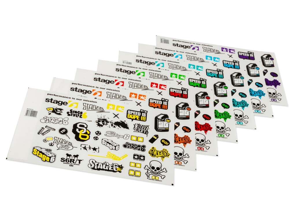 Sticker sheet with many Stage6 and Stage6 R/T stickers.

Stage6 New Style stickers in many different versions and designs. We are positive that there'll be the right sticker for every Stage6 fan. Unique motifs, from logos and cool sayings to stylish graphics for cool tuning looks. Whether on your scooter, toolbox, helmet or in the workshop - the stickers are a must-have for every Stage6 tuning fan.

And if you don't like the stickers - just take a look at our huge selection of stickers.