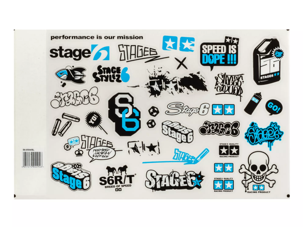 Sticker sheet with many Stage6 and Stage6 R/T stickers.

Stage6 New Style stickers in many different versions and designs. We are positive that there'll be the right sticker for every Stage6 fan. Unique motifs, from logos and cool sayings to stylish graphics for cool tuning looks. Whether on your scooter, toolbox, helmet or in the workshop - the stickers are a must-have for every Stage6 tuning fan.