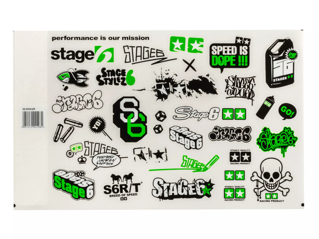 Sticker sheet with many Stage6 and Stage6 R/T stickers.

Stage6 New Style stickers in many different versions and designs. We are positive that there'll be the right sticker for every Stage6 fan. Unique motifs, from logos and cool sayings to stylish graphics for cool tuning looks. Whether on your scooter, toolbox, helmet or in the workshop - the stickers are a must-have for every Stage6 tuning fan.

And if you don't like the stickers - just take a look at our huge selection of stickers.