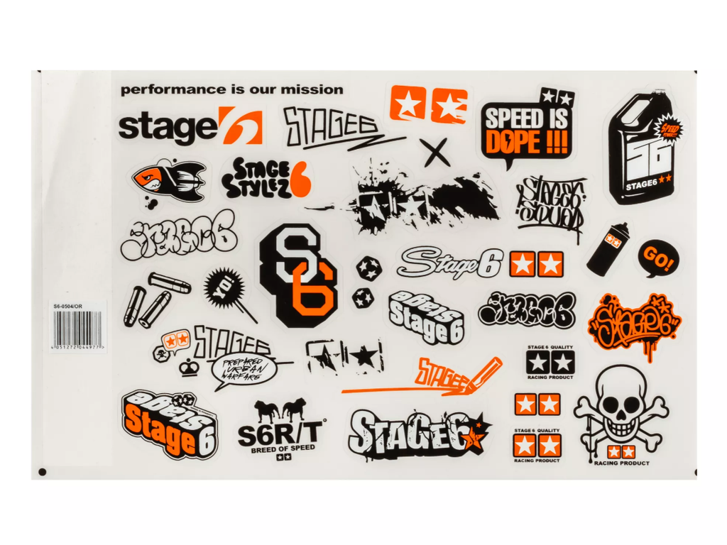 Sticker sheet with many Stage6 and Stage6 R/T stickers.

Stage6 New Style stickers in many different versions and designs. We are positive that there'll be the right sticker for every Stage6 fan. Unique motifs, from logos and cool sayings to stylish graphics for cool tuning looks. Whether on your scooter, toolbox, helmet or in the workshop - the stickers are a must-have for every Stage6 tuning fan.