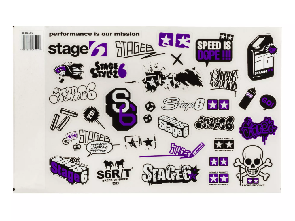 Sticker sheet with many Stage6 and Stage6 R/T stickers.

Stage6 New Style stickers in many different versions and designs. We are positive that there'll be the right sticker for every Stage6 fan. Unique motifs, from logos and cool sayings to stylish graphics for cool tuning looks. Whether on your scooter, toolbox, helmet or in the workshop - the stickers are a must-have for every Stage6 tuning fan.

And if you don't like the stickers - just take a look at our huge selection of stickers.