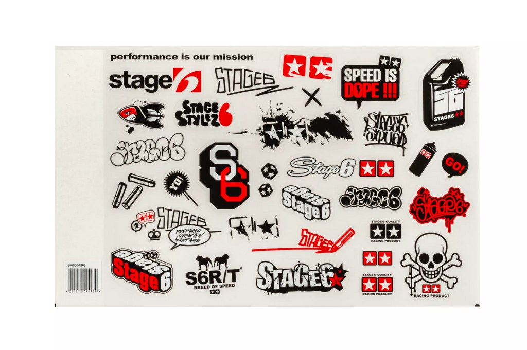 Sticker sheet with many Stage6 and Stage6 R/T stickers.

Stage6 New Style stickers in many different versions and designs. We are positive that there'll be the right sticker for every Stage6 fan. Unique motifs, from logos and cool sayings to stylish graphics for cool tuning looks. Whether on your scooter, toolbox, helmet or in the workshop - the stickers are a must-have for every Stage6 tuning fan.

And if you don't like the stickers - just take a look at our huge selection of stickers.