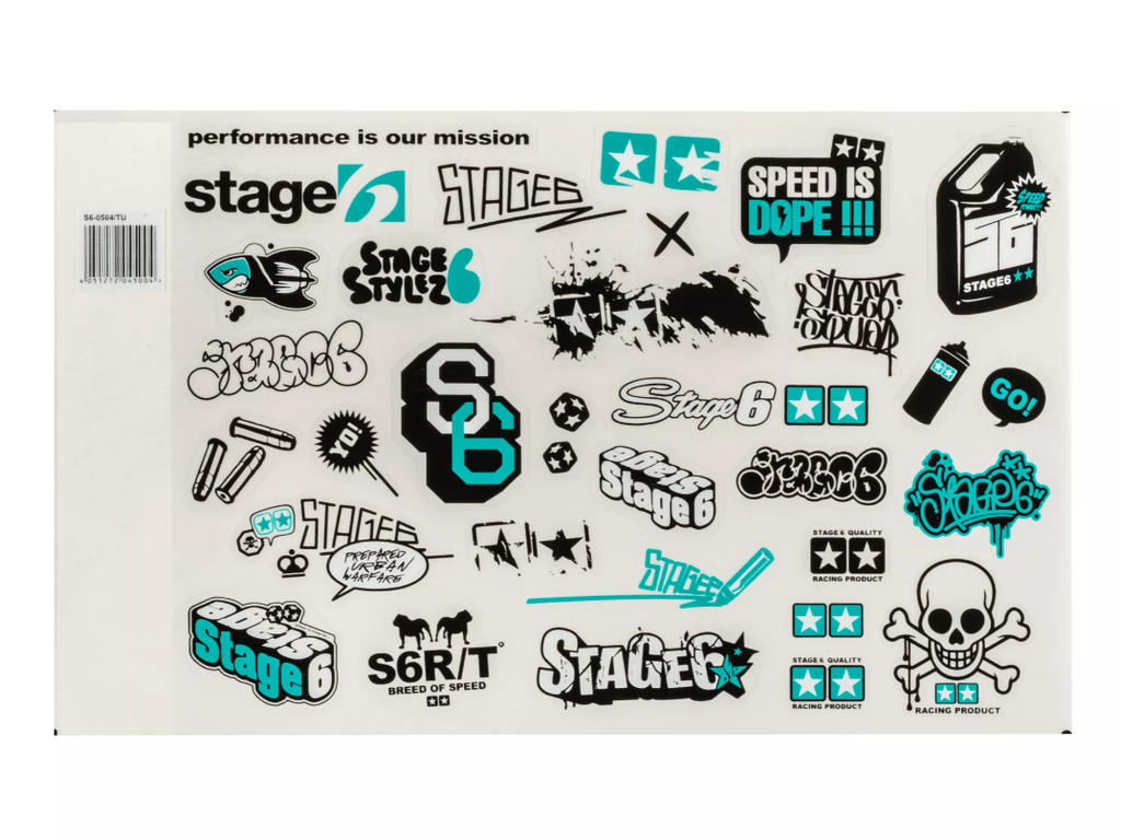 Sticker sheet with many Stage6 and Stage6 R/T stickers.

Stage6 New Style stickers in many different versions and designs. We are positive that there'll be the right sticker for every Stage6 fan. Unique motifs, from logos and cool sayings to stylish graphics for cool tuning looks. Whether on your scooter, toolbox, helmet or in the workshop - the stickers are a must-have for every Stage6 tuning fan.

And if you don't like the stickers - just take a look at our huge selection of stickers.