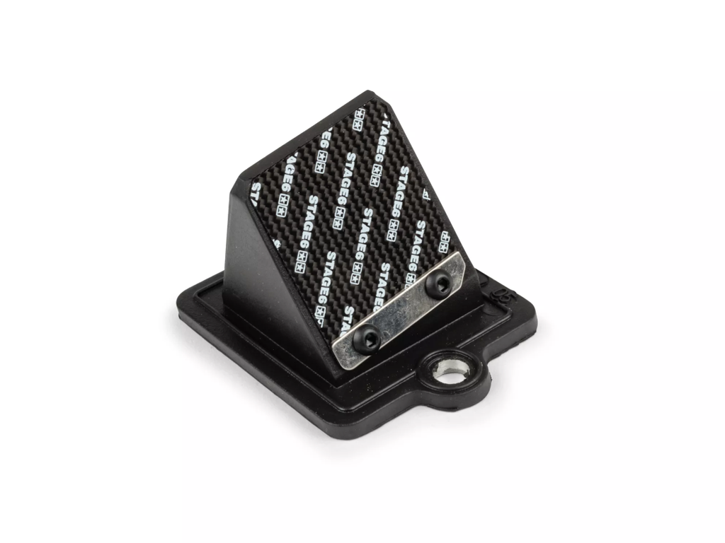 This vulcanised two-reed block completes your Stage6 setup and is ideal to assist cylinder charges with 19mm carbs and more. The layout has been adapted from the reed valve of the well-known intake system. Included in the package are the reed valve made of fuel-resistant Viton® as well as 0.35mm Stage6 carbon reeds, 0.4mm fibreglass reeds and three stuffers (24, 26 and 28mm).